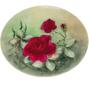 9" Haviland France Hand-Painted Display Plate Gold Rimmed Roses Red Green
